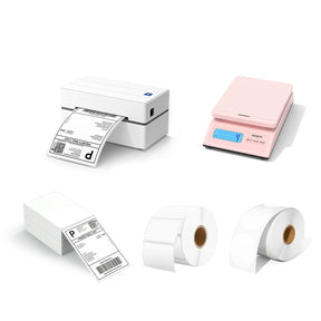 The MUNBYN 130 thermal printer kit includes a USB thermal label printer, a stack of shipping labels, two rolls of blank labels, and a pink shipping scale.