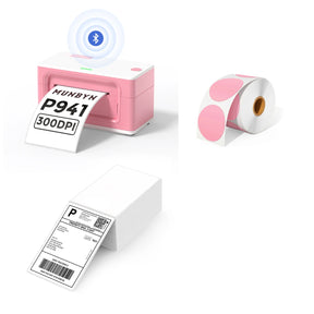 MUNBYN P941B pink Bluetooth Thermal Label Printer Kit includes a pink Bluetooth label printer, a roll of pink circle labels, and a stack of shipping labels.