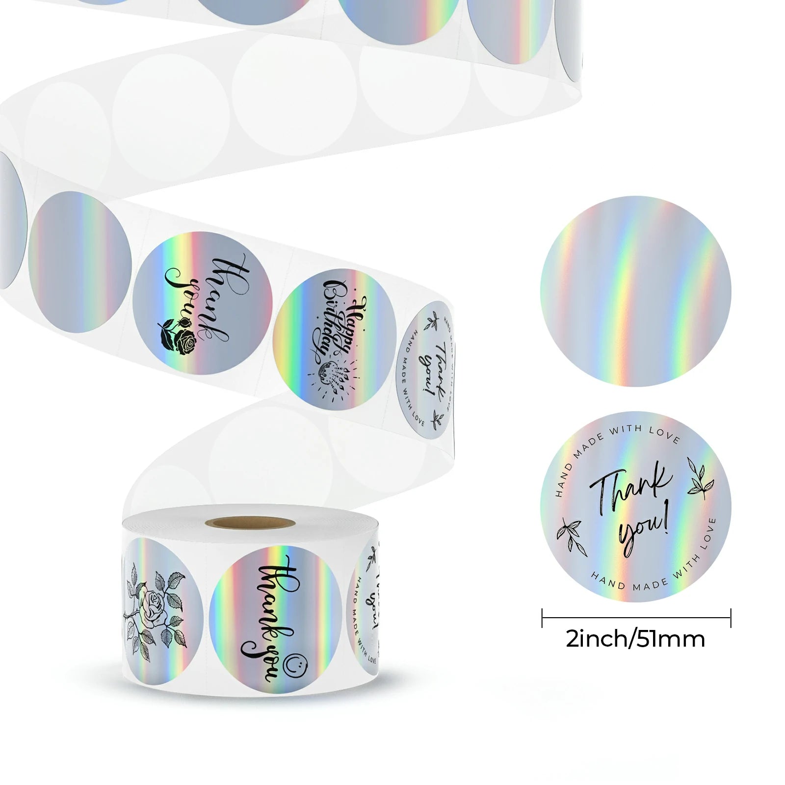 MUNBYN holographic circle thermal labels are 2 inch x 2 inch.