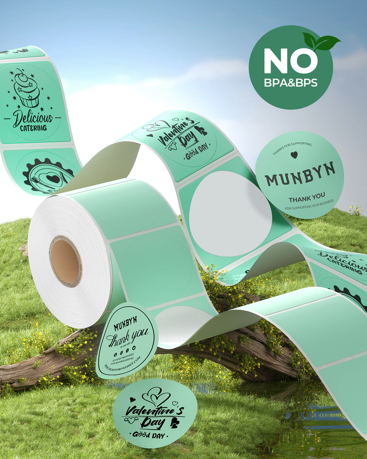 Green 2-inch circle labels printed on MUNBYN CA label printer paper, ready for product packaging or organization.