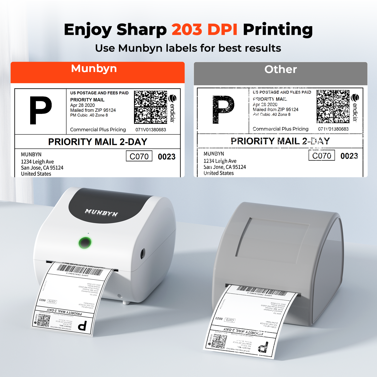 MUNBYN CA RealWriter 411B thermal printer printing receipts on white paper with a black finish.