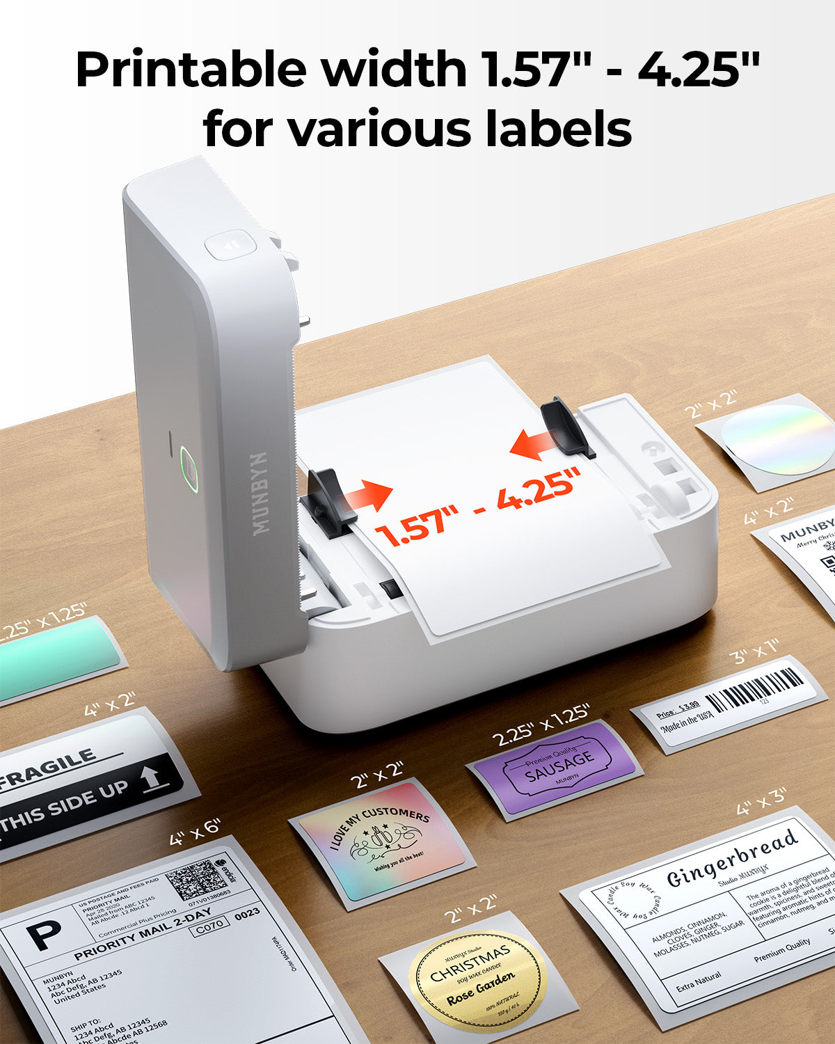 MUNBYN RealWriter 403B thermal label printer with white finish, compact design, ready for printing labels and barcodes.