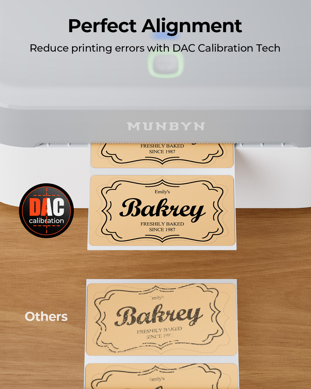 MUNBYN RealWriter 403B thermal label printer with white finish, compact design, and paper feed tray for shipping labels.