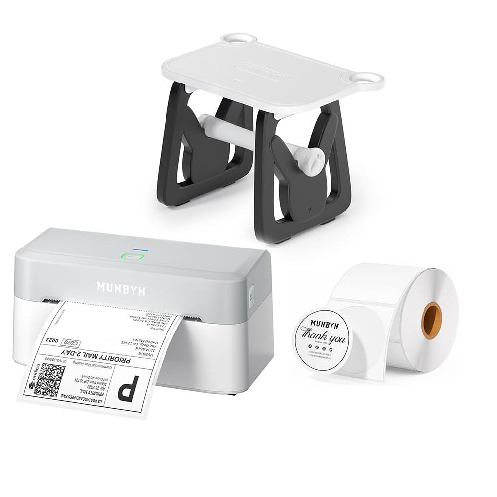 MUNBYN CA RealWriter 403B thermal label printer kit with compact design and control panel, ready for printing labels.