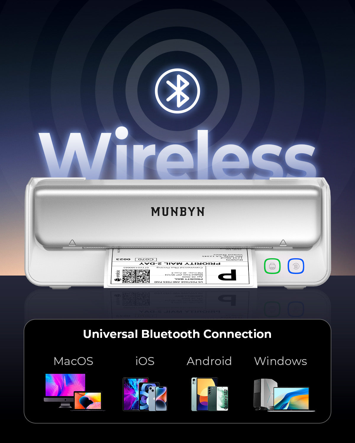 MUNBYN RealWriter 405B thermal label printer with compact design and paper roll visible for high-quality printing.