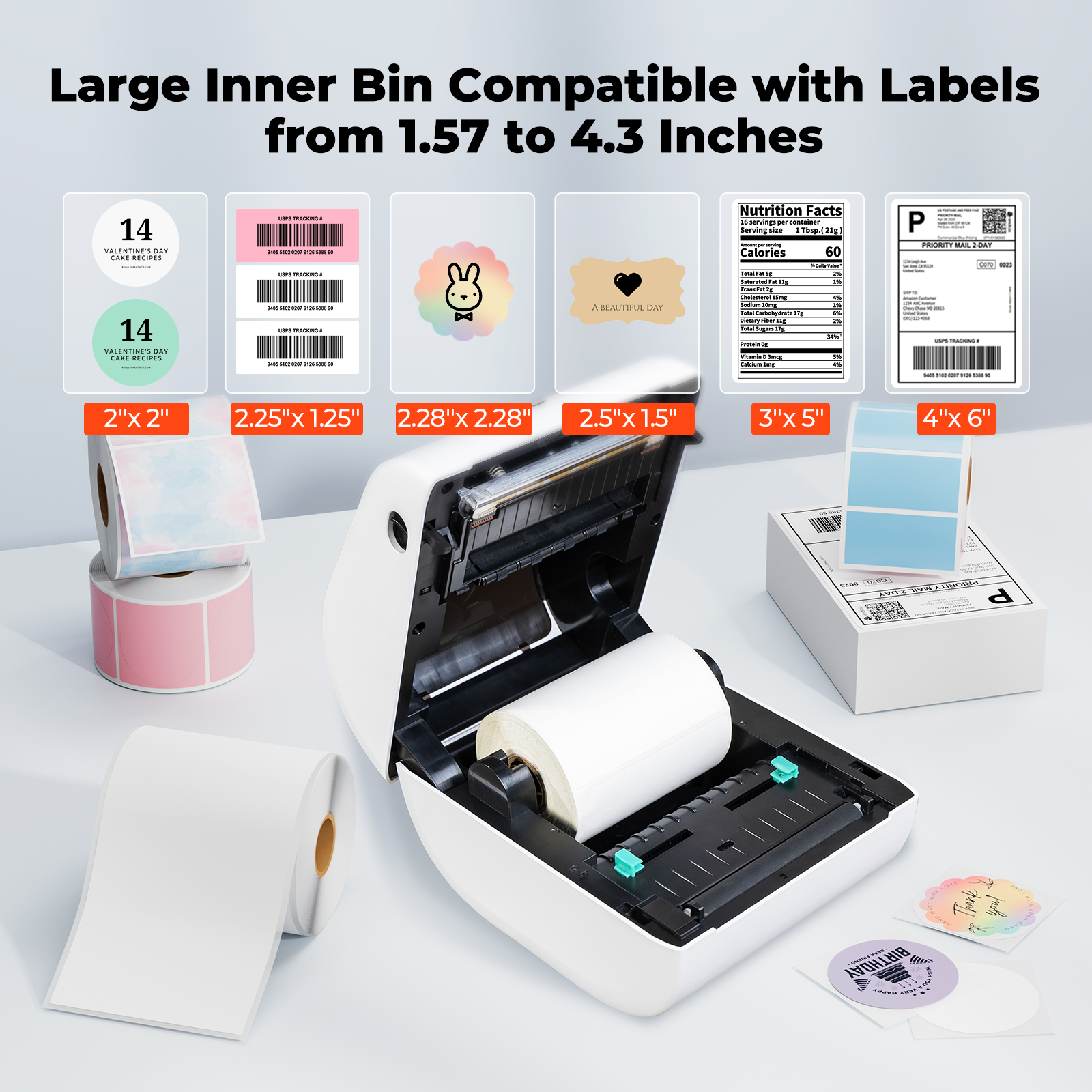MUNBYN CA RealWriter 411B thermal printer with paper loaded, ready for printing labels or receipts.