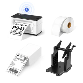 MUNBYN P941B Bluetooth Thermal Label Printer Kit includes a Bluetooth label printer, a label roll holder, a roll of circle labels, and a stack of shipping labels.