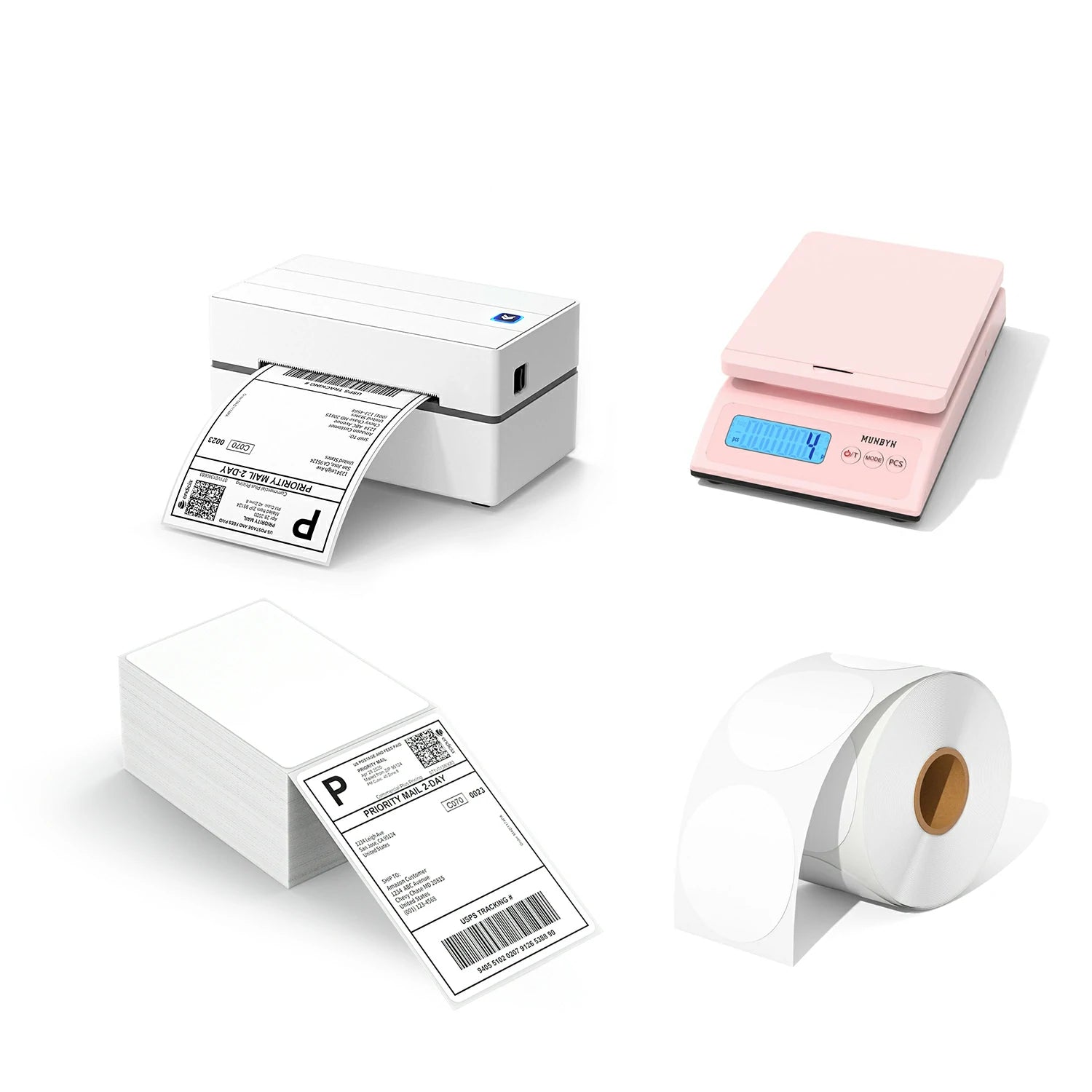 The MUNBYN 130 thermal printer kit includes a USB thermal label printer, a stack of shipping labels, a roll of circle labels, and a pink shipping scale.