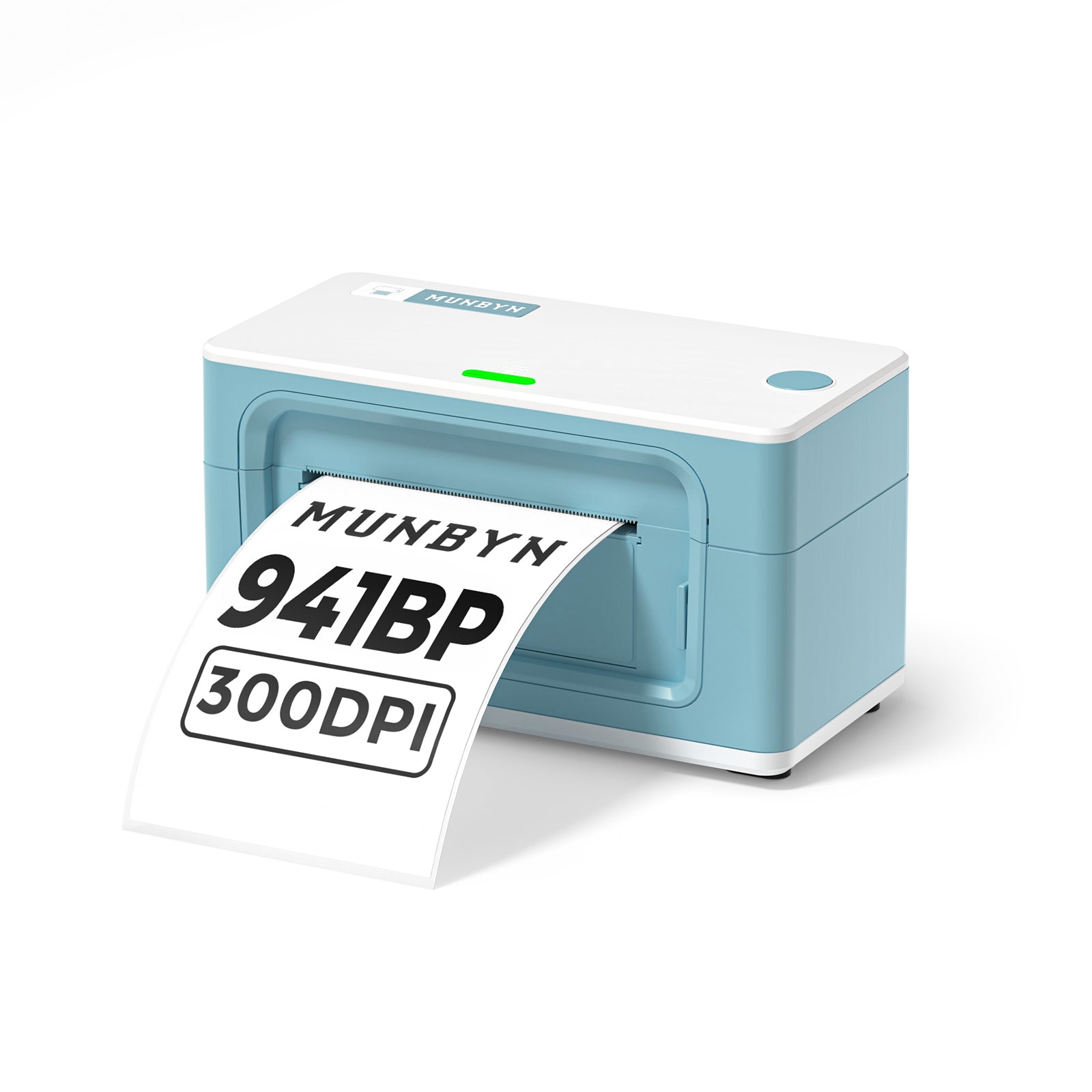 MUNBYN CA RealWriter 941BP thermal label printer kit with green labels and 300 DPI resolution, compact and professional printing device.