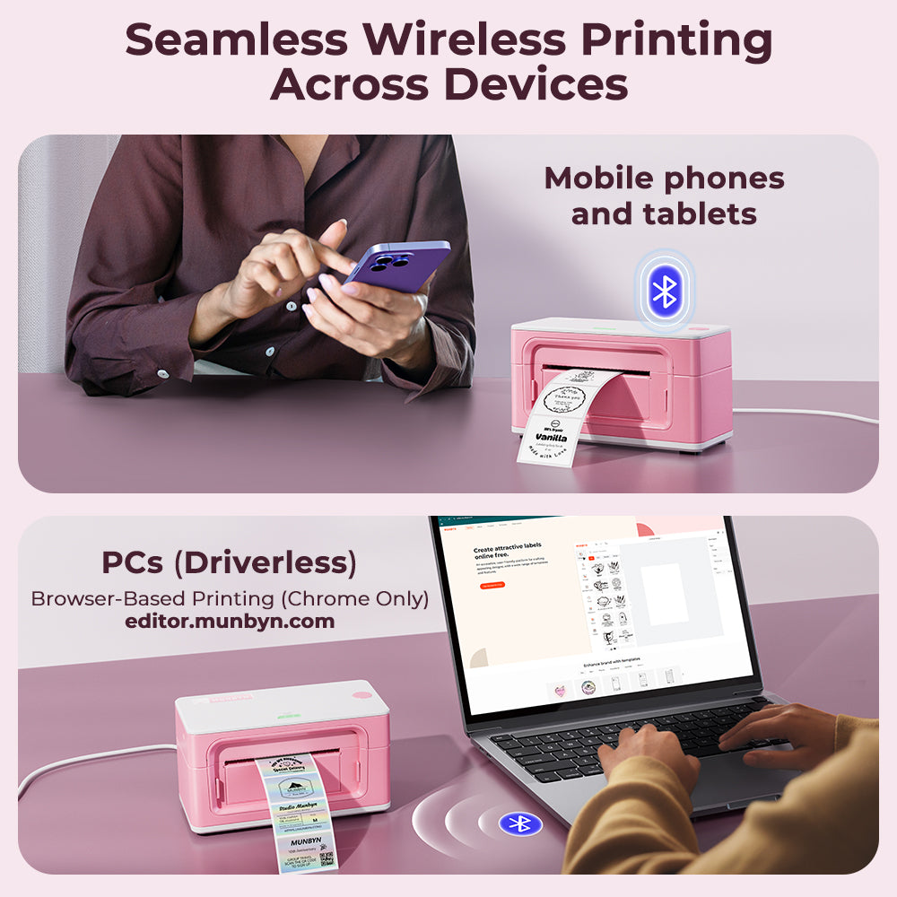 MUNBYN CA RealWriter 941BP thermal label printer kit with compact design and multiple labels for shipping and product labeling.