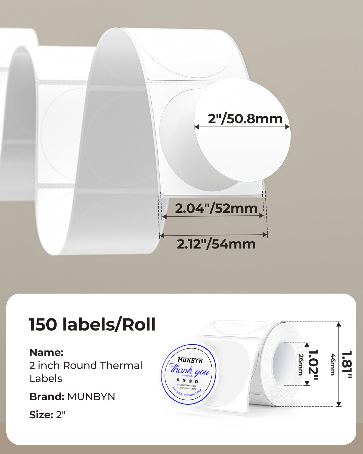 MUNBYN 2" Dual-Color Thermal Labels for RW405B Product and Packaging Stickers