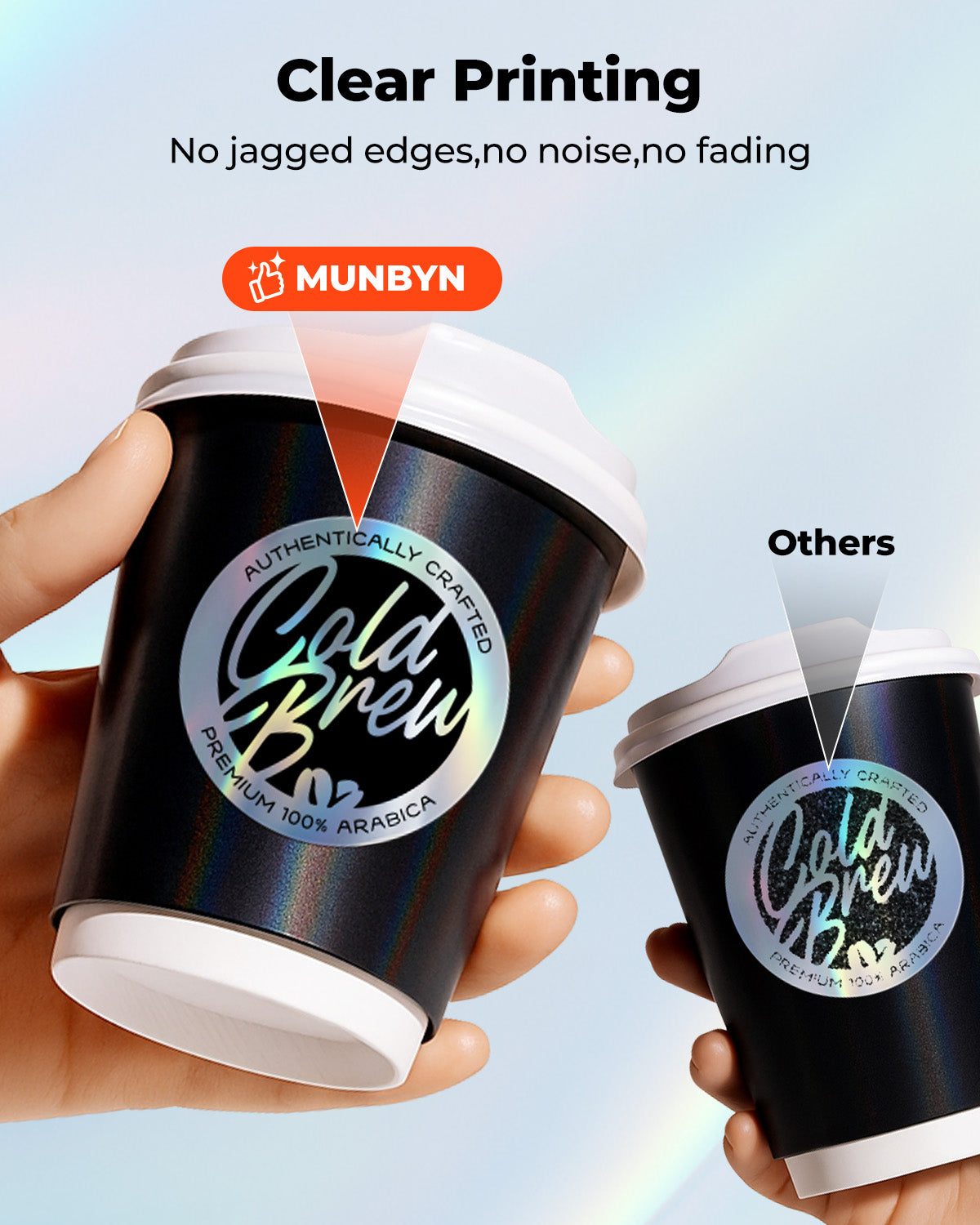 Holographic silver labels printed on label printer paper by MUNBYN CA, featuring vibrant rainbow holographic design.