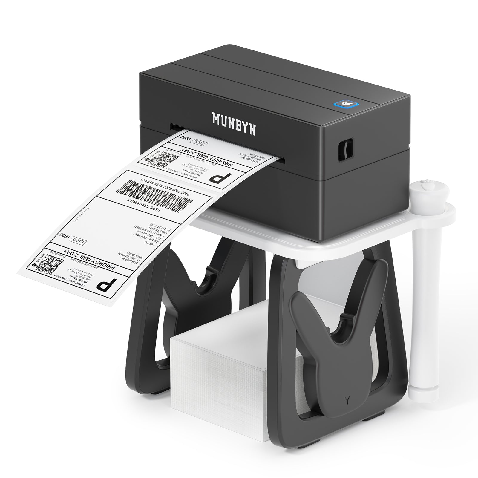 Black and white ILH02 label holder for MUNBYN CA label printer accessories, showing a sleek, durable plastic design.