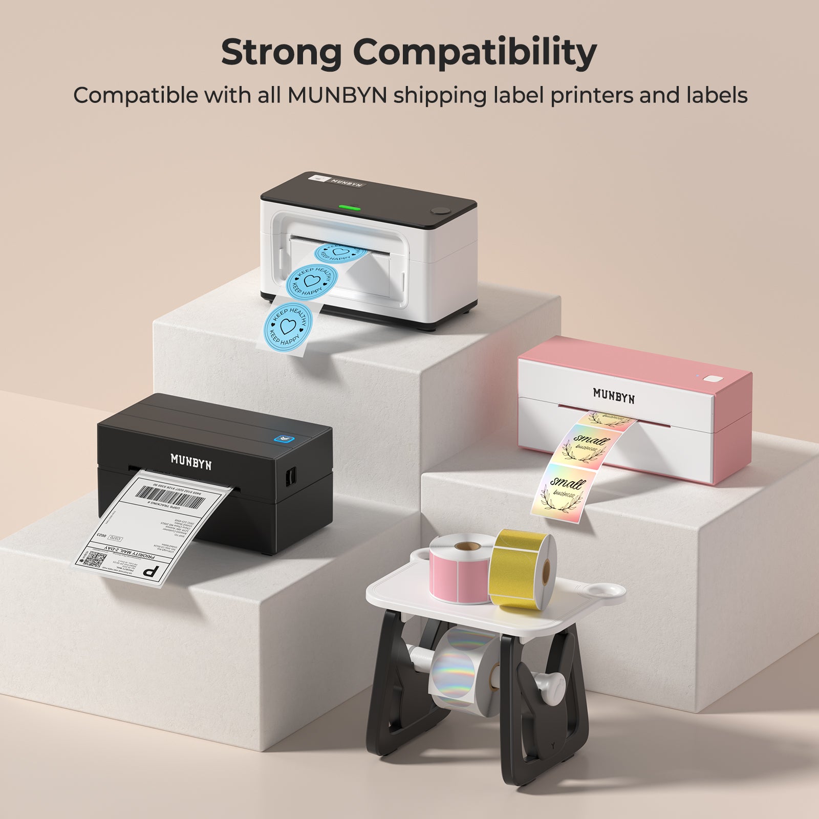 Black and white ILH02 Label Holder for MUNBYN CA label printers, showcasing durable accessory with easy attachment.