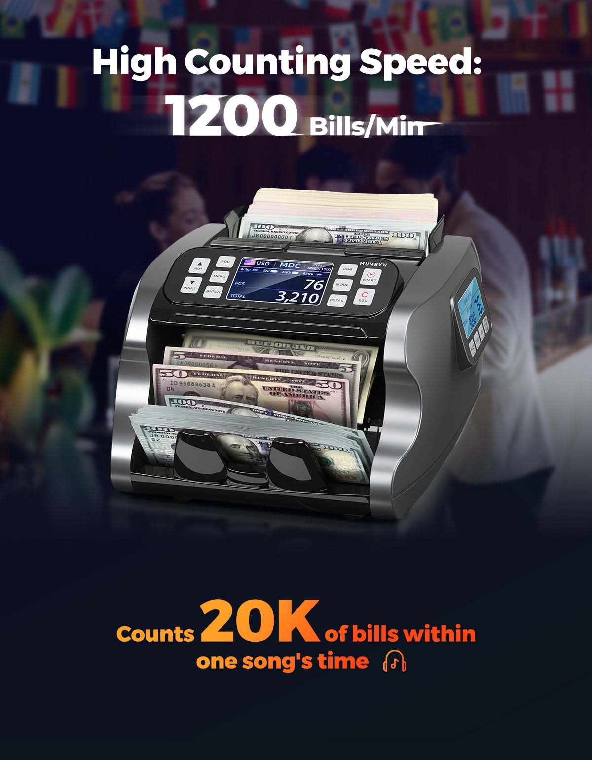 MUNBYN CA IMC22 money counter machine counting banknotes, compact electronic currency counter with digital display.