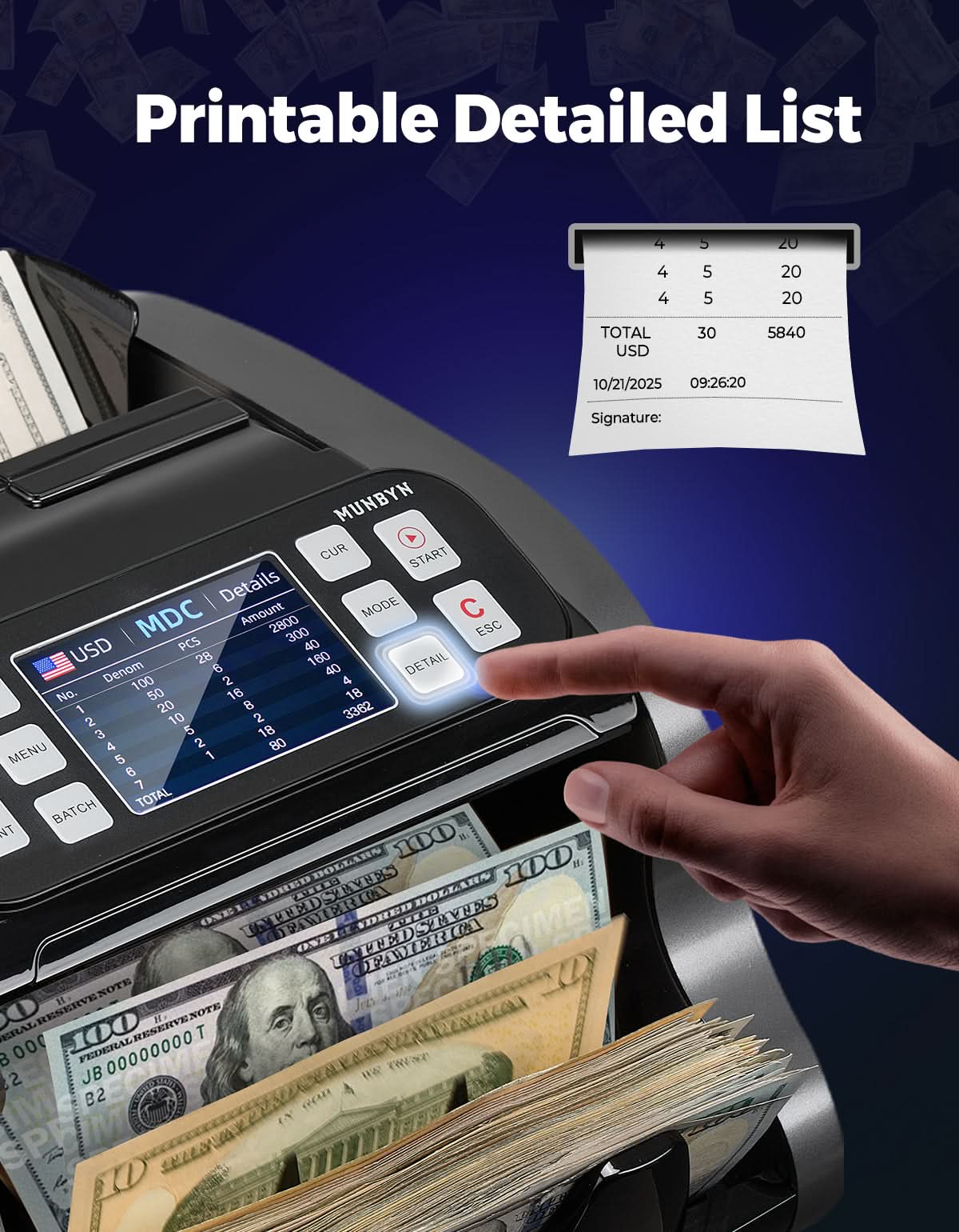 MUNBYN CA IMC22 money counter machine displaying bills being counted on digital screen in a professional setting.