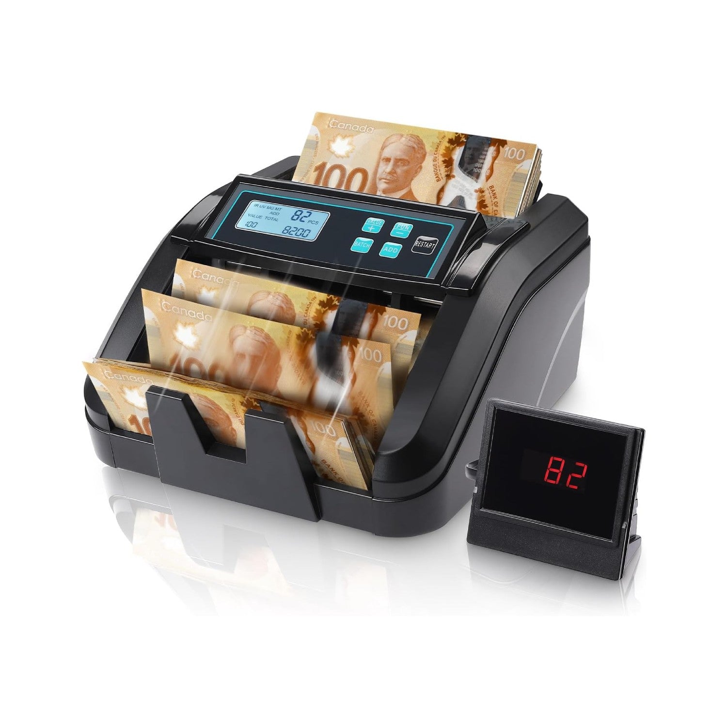 Black MUNBYN CA IMC51 money counter machine showing bills being counted in a secure office setting.