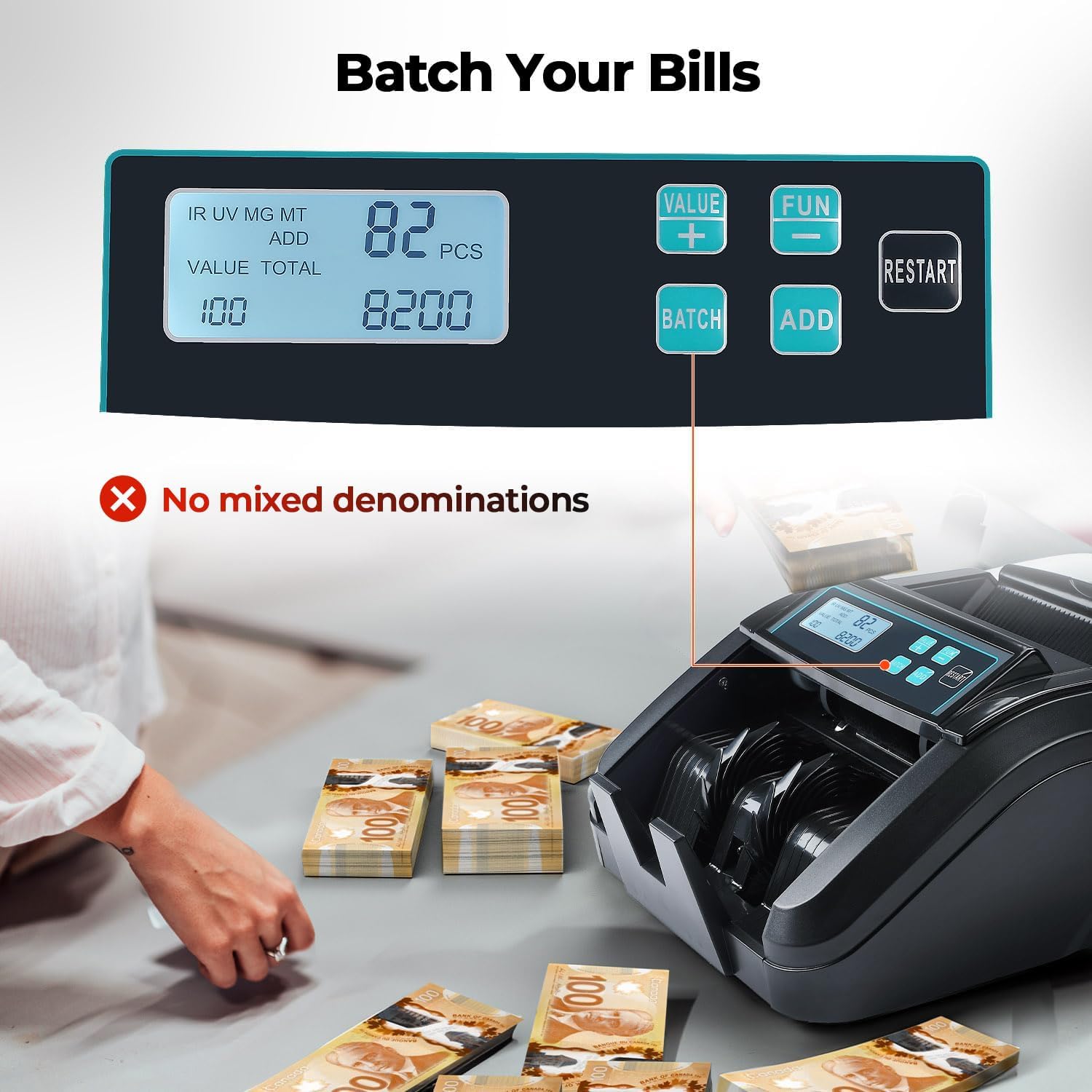 Black MUNBYN CA IMC51 money counter machine displaying bills being counted with digital screen visible.