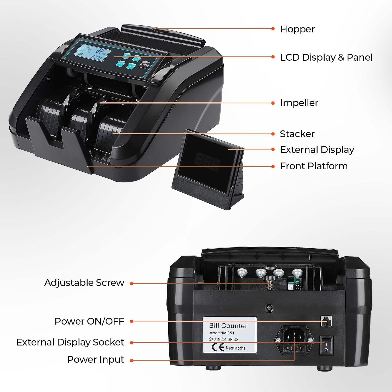 Black MUNBYN CA IMC51 money counter machine counting paper currency on a flat surface.