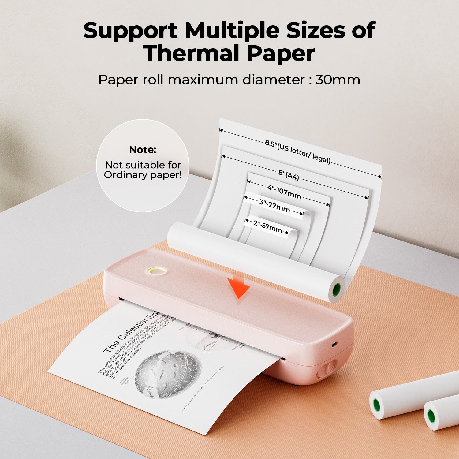 MUNBYN CA ITP04 A4 thermal printer printing document on white paper with control buttons visible