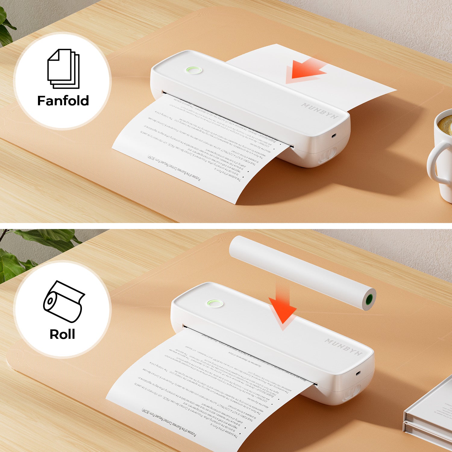 White MUNBYN CA ITP04 A4 thermal printer with paper loaded, designed for efficient printing of documents and labels.