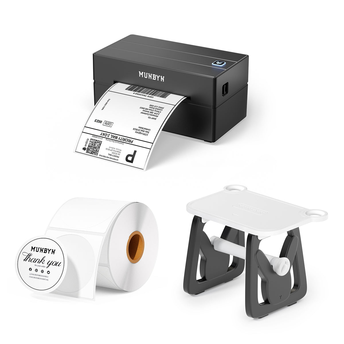 MUNBYN CA RealWriter 130B thermal label printer kit with black printer and accessories for shipping and labeling needs.