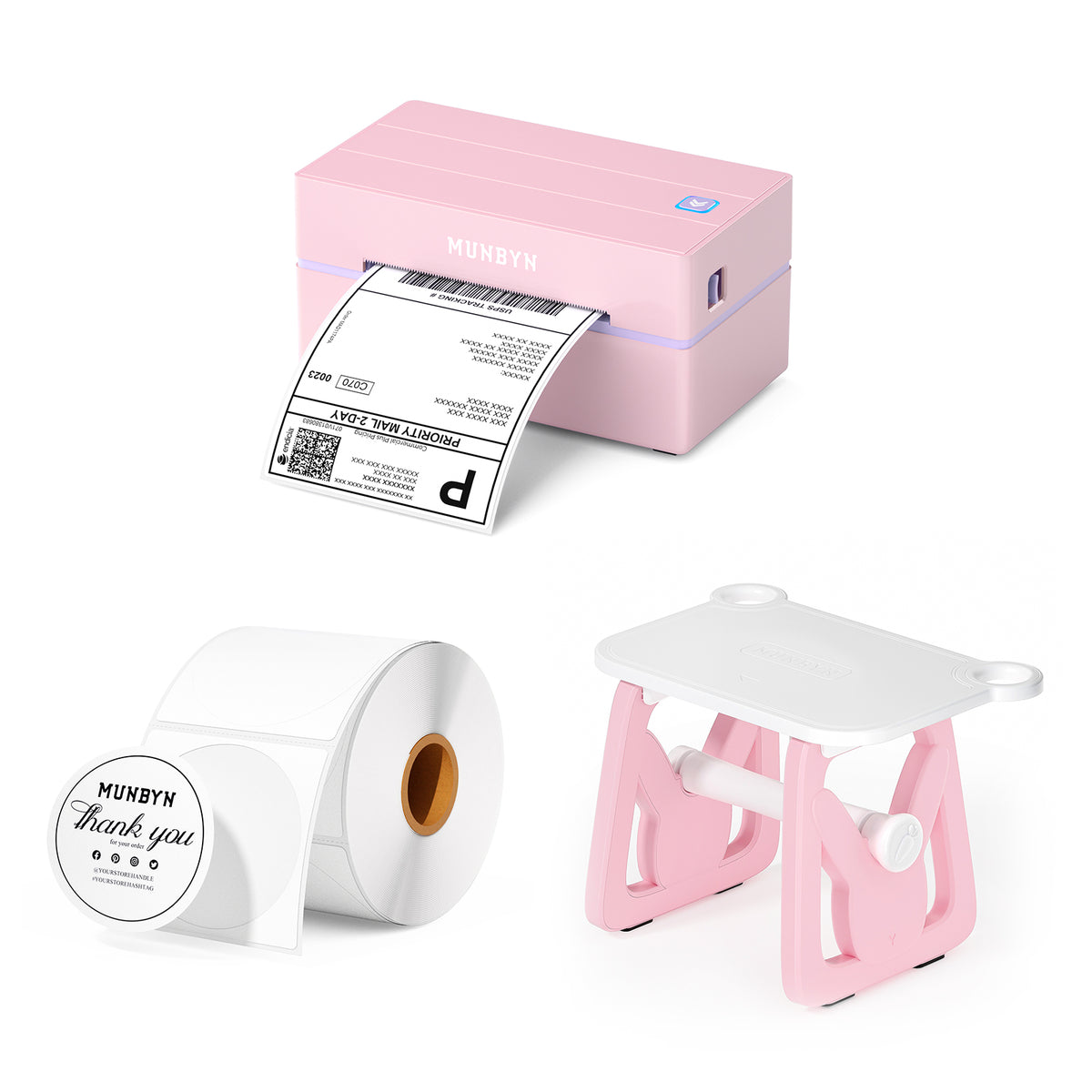 MUNBYN CA RealWriter 130B thermal label printer kit with four compact label printers on a white background.
