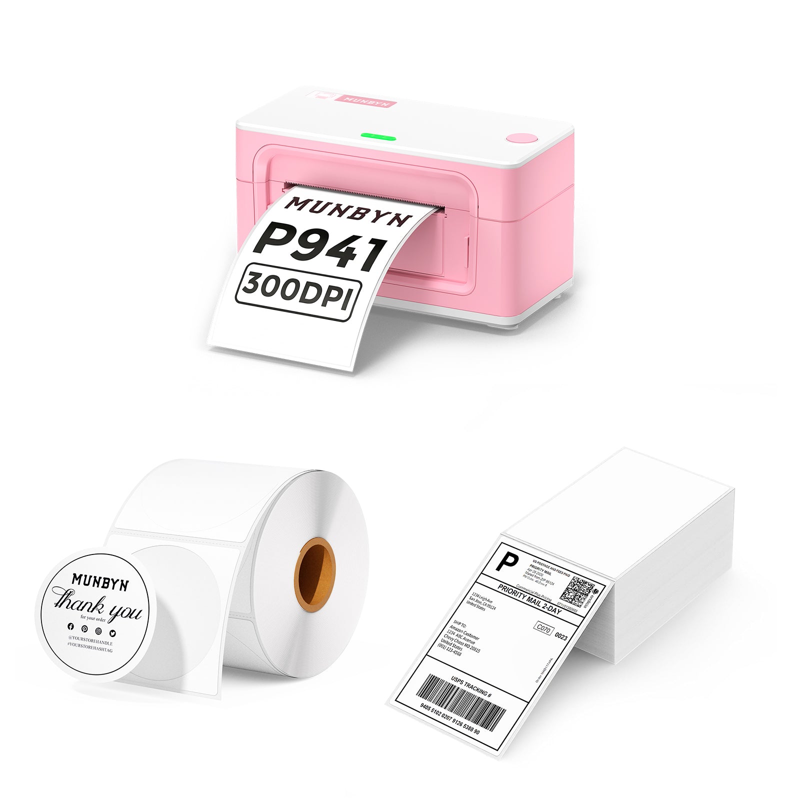 MUNBYN CA RealWriter 941BP thermal label printer kit with five label rolls, compact office device for printing shipping labels