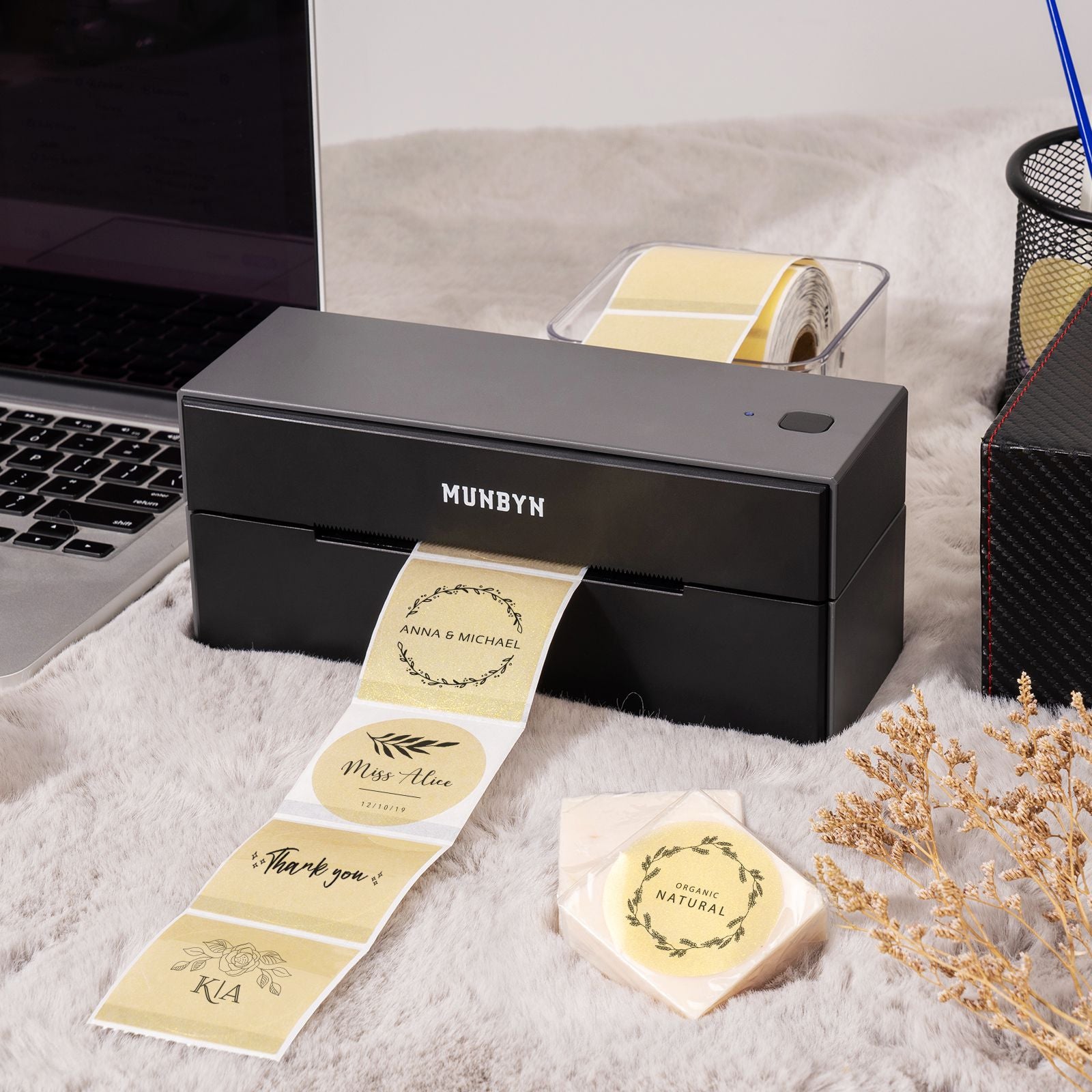 Gold glitter label paper for label printer by MUNBYN CA, showcasing 2-inch decorative labels with shiny gold finish.
