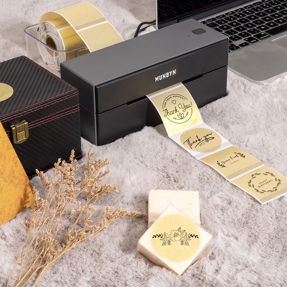 Gold glitter label sheets for label printer by MUNBYN CA, 2-inch size with shiny, decorative paper for custom labels.