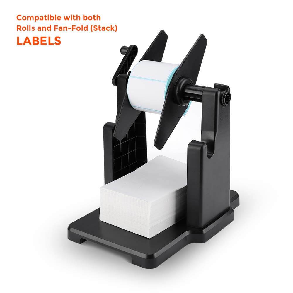 Black Roll and Fan-Fold Holder for label printers, compatible with MUNBYN CA label printer accessories, shown in the image.