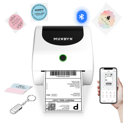 MUNBYN CA RealWriter 411B thermal printer with paper roll and control panel, designed for efficient label and receipt printing.