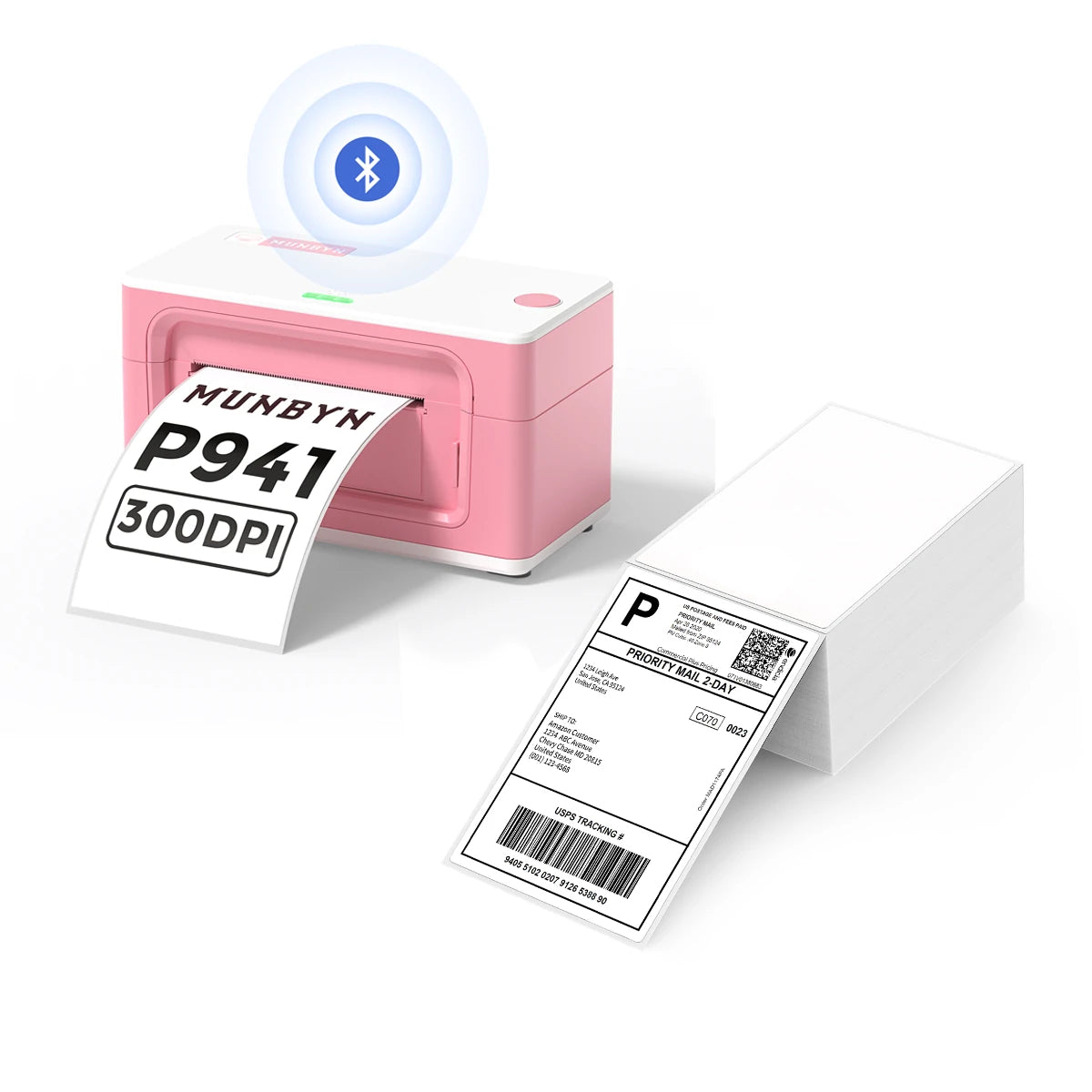 MUNBYN P941B pink Bluetooth Thermal Label Printer Kit includes a pink Bluetooth label printer and a stack of shipping labels.