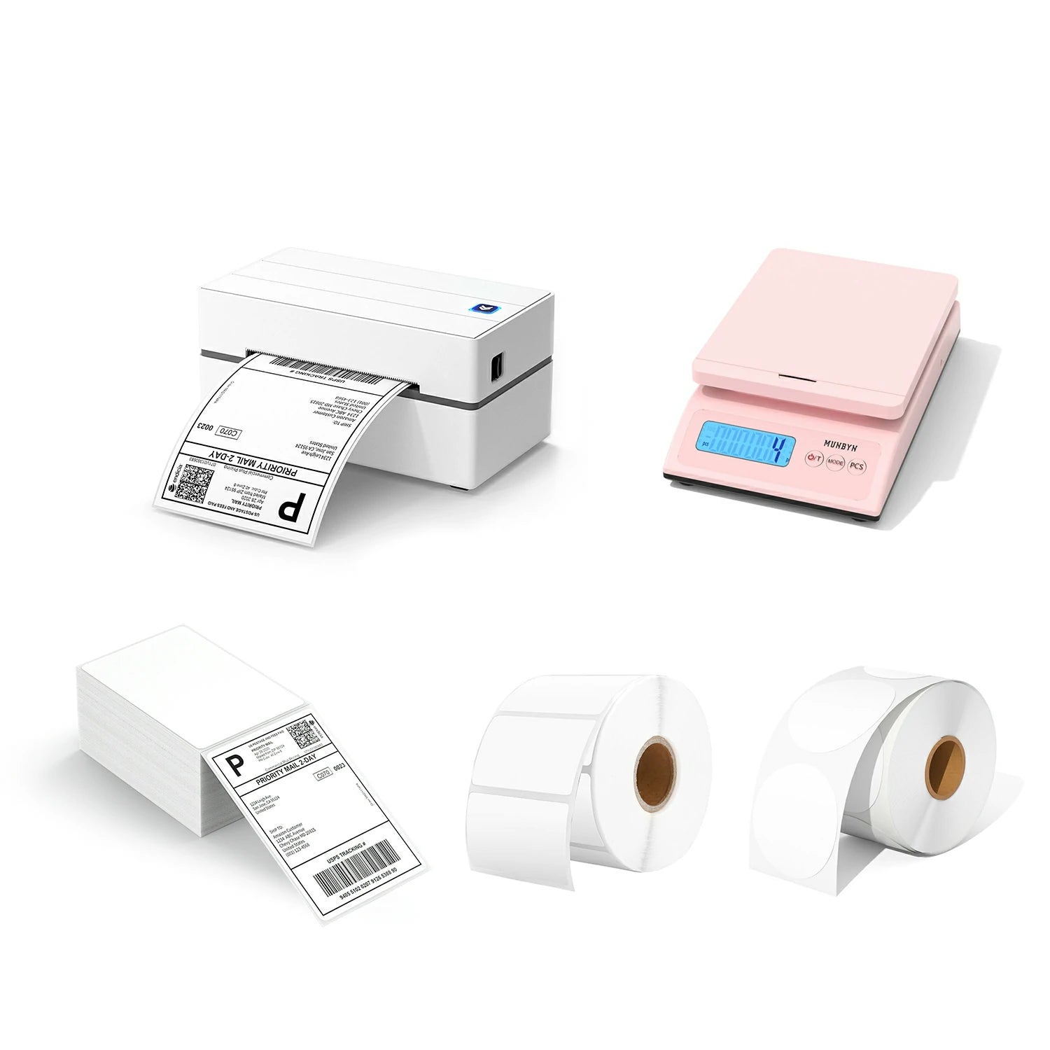 The MUNBYN 130 thermal printer kit includes a USB thermal label printer, a stack of shipping labels, two rolls of blank labels, and a pink shipping scale.