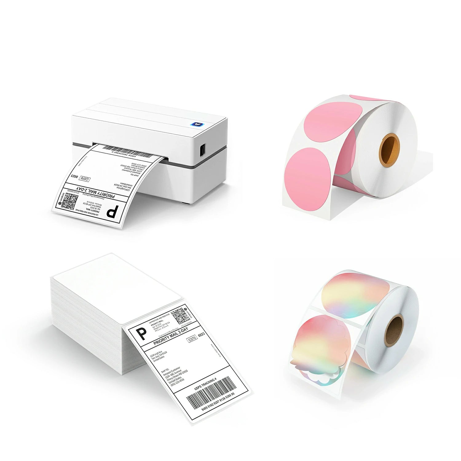 The MUNBYN 130 thermal printer kit includes a USB thermal label printer, a stack of shipping labels, a roll of pink circle labels, and a roll of scallop round labels.