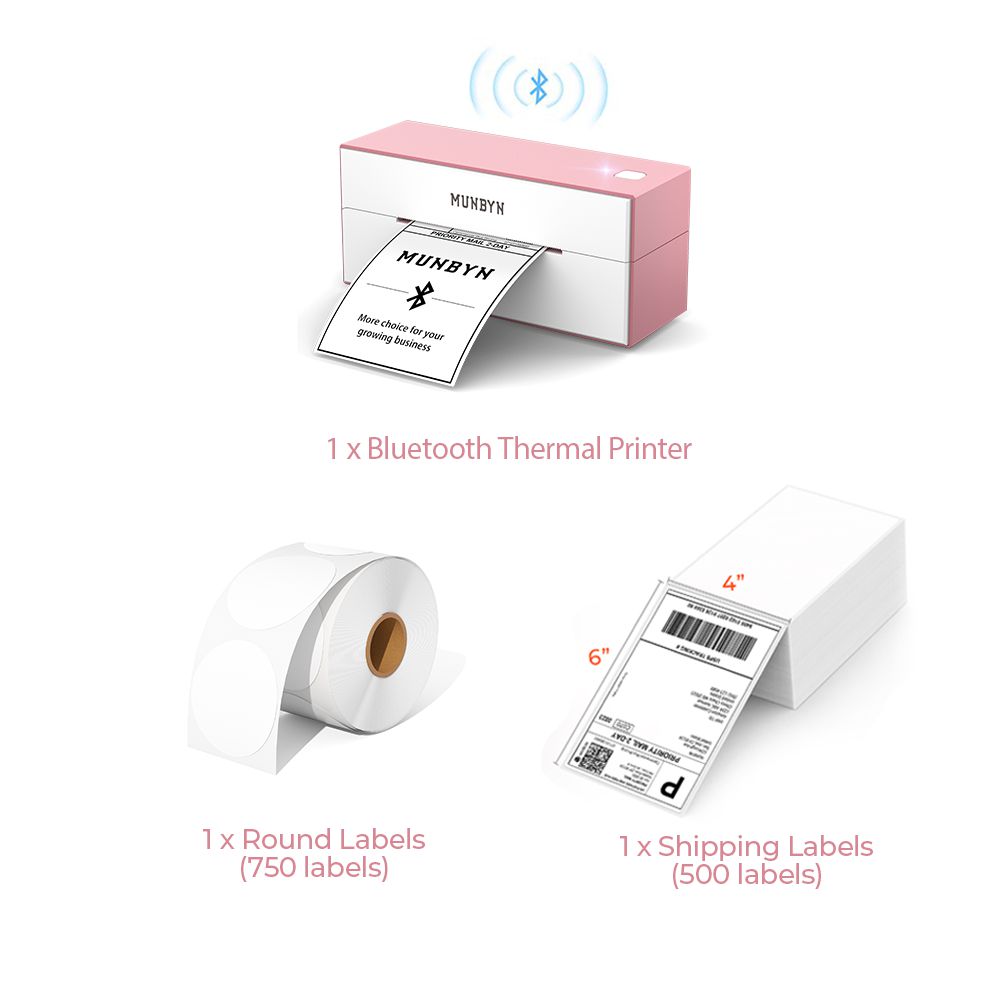 The MUNBYN wireless Bluetooth P129 label printer kit includes a pink Bluetooth label printer, a roll of white circle labels and a stack of 4x6 thermal labels.
