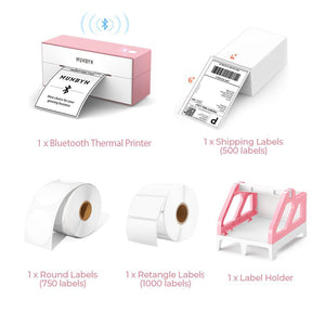 The MUNBYN wireless Bluetooth P129 label printer kit includes a 4x6 pink Bluetooth label printer, a roll of white rectangular labels, two rolls of blank labels, a stack of 4x6 thermal labels and a pink label roll holder.