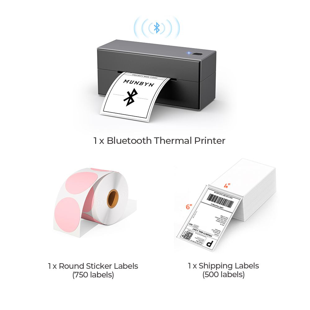 The MUNBYN wireless Bluetooth P129 label printer kit includes a black Bluetooth label printer, a roll of pink circle labels and a stack of 4x6 thermal labels.
