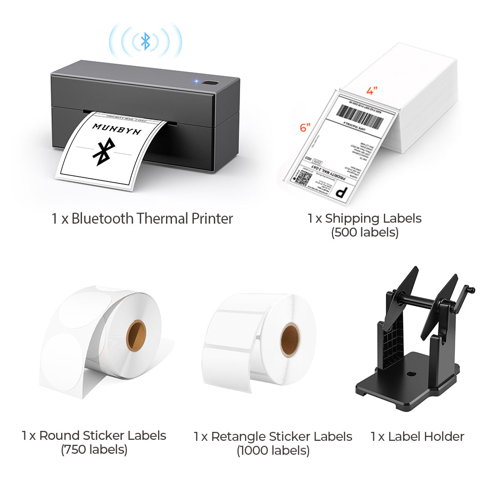 The MUNBYN Bluetooth P129 label printer kit is a comprehensive package that includes a sleek black Bluetooth label printer, as well as a roll of white rectangular labels, a roll of white round labels, a stack of 4x6 thermal labels and a black label holder.