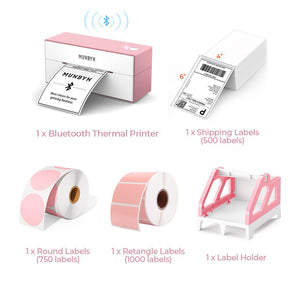 The MUNBYN wireless Bluetooth P129 label printer kit includes a 4x6 pink Bluetooth label printer, a roll of white rectangular labels, two rolls of pink thermal labels, a stack of 4x6 thermal labels and a pink label roll holder.