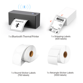 The MUNBYN Bluetooth P129 label printer kit is a comprehensive package that includes a sleek black Bluetooth label printer, as well as a roll of white rectangular labels, a roll of white round labels, and a stack of 4x6 thermal labels.