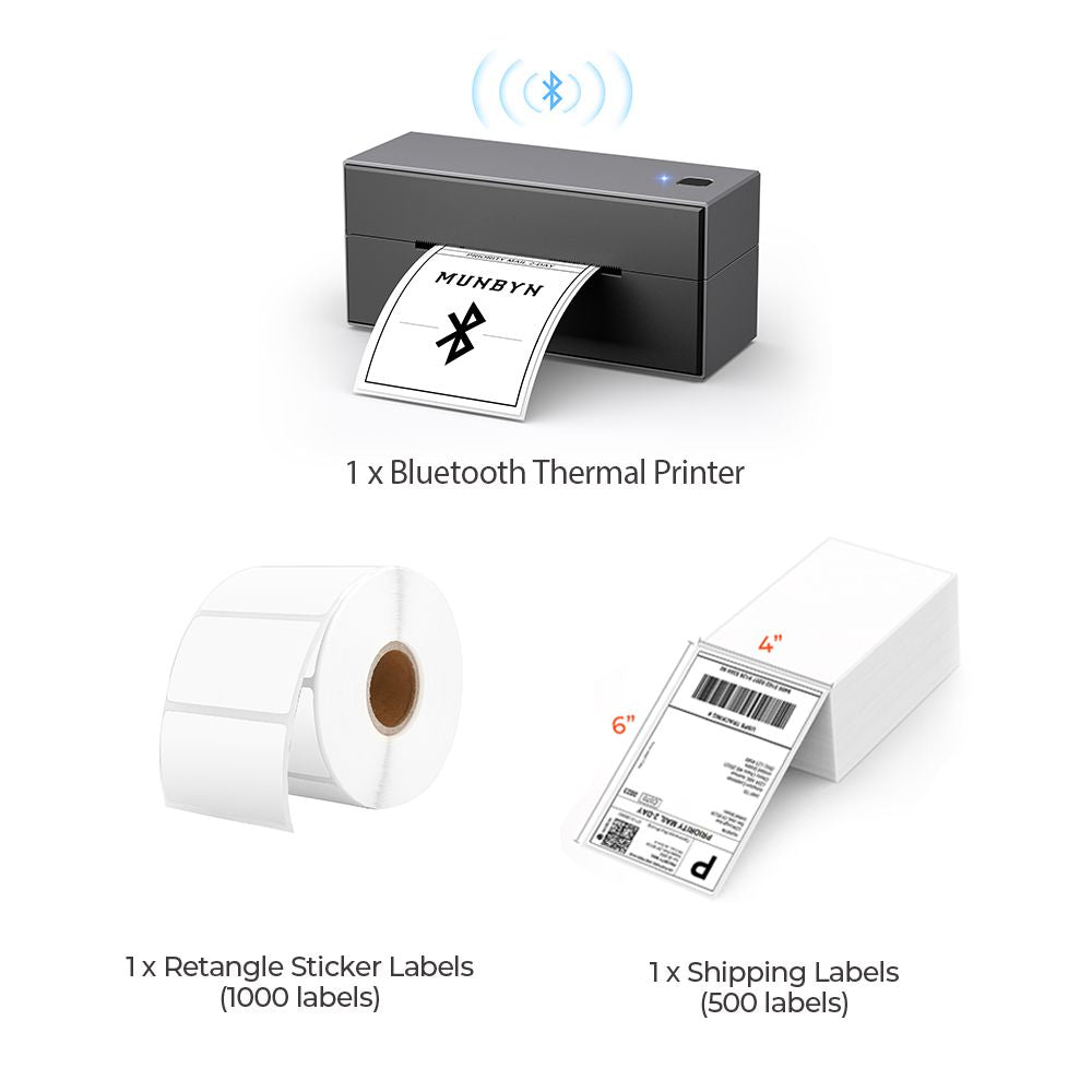 The MUNBYN wireless Bluetooth P129 label printer kit includes a black Bluetooth label printer, a roll of white rectangular labels and a stack of 4x6 thermal labels.