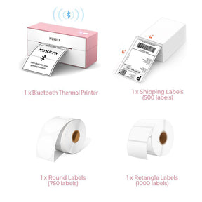 The MUNBYN wireless Bluetooth P129 label printer kit includes a 4x6 pink Bluetooth label printer, a roll of white rectangular labels, a roll of blank circle labels and a stack of 4x6 thermal labels.