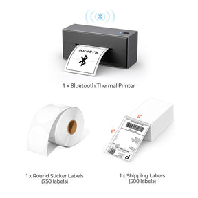 The MUNBYN Bluetooth P129 label printer kit includes a black Bluetooth label printer, a roll of blank circle labels and a stack of 4x6 thermal labels.