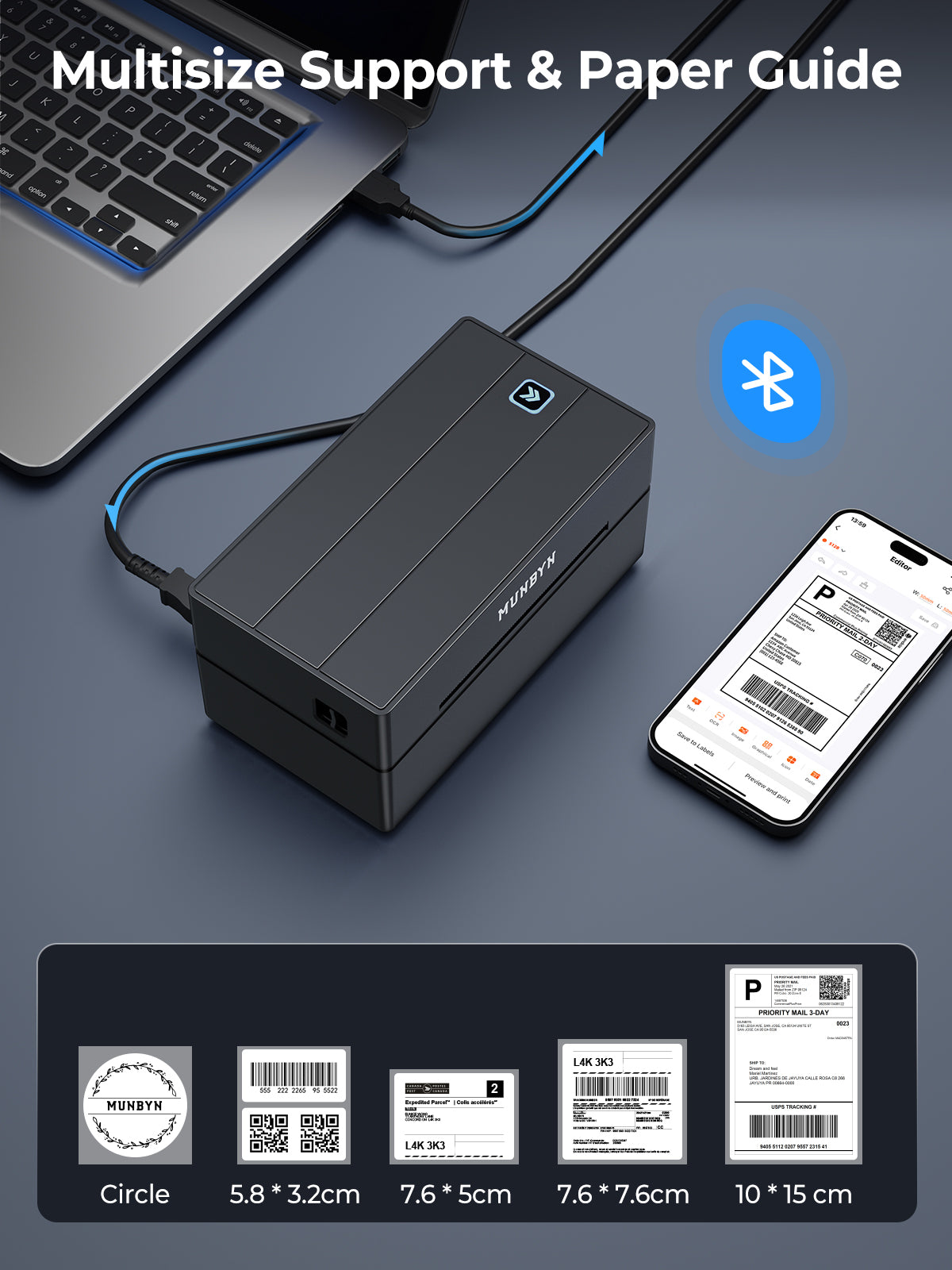 MUNBYN CA RealWriter 130B thermal label printer kit with black printer and accessories, compact and ready for label printing.