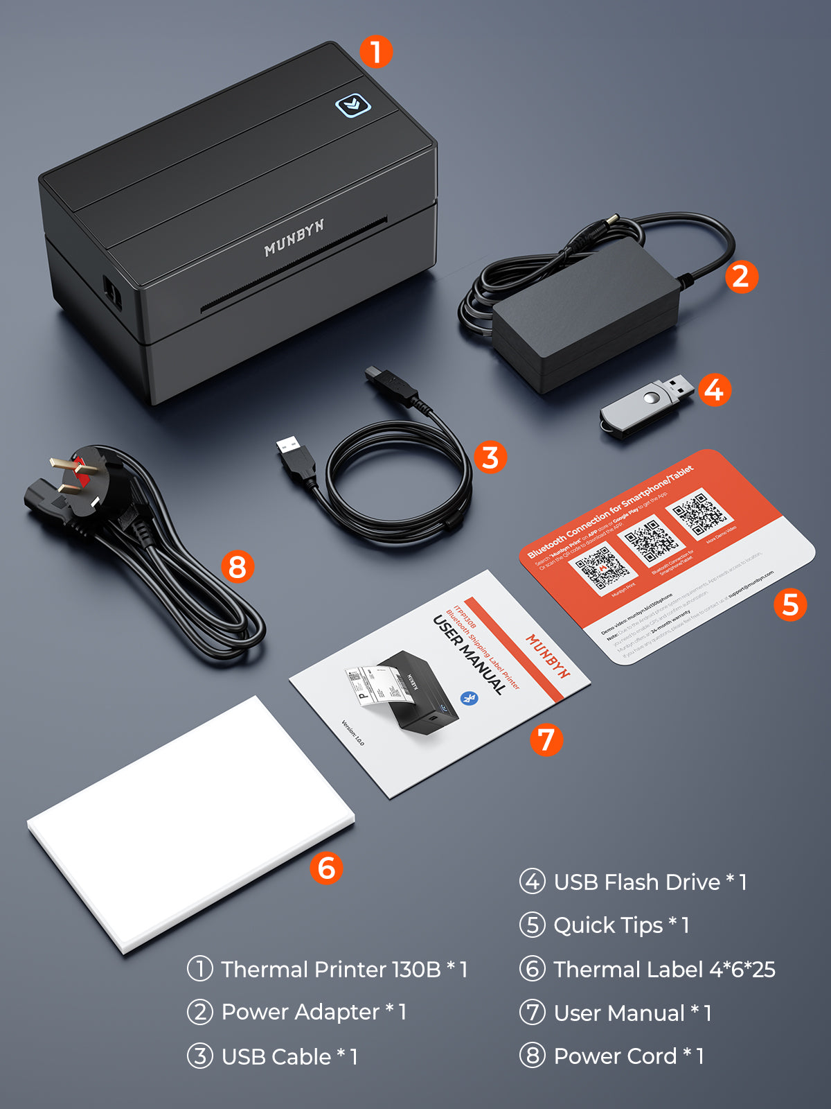 MUNBYN CA RealWriter 130B thermal label printer kit with black printer and accessories, designed for efficient label printing.