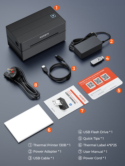 MUNBYN CA RealWriter 130B thermal label printer kit with black printer and accessories, designed for efficient label printing.