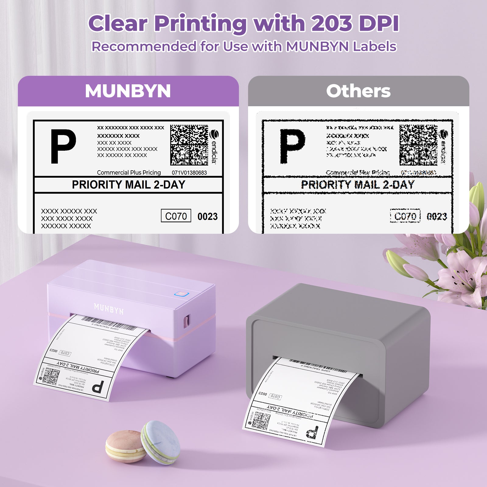 MUNBYN CA RealWriter 130B thermal label printer kit with printer, power adapter, and accessories on a white background.