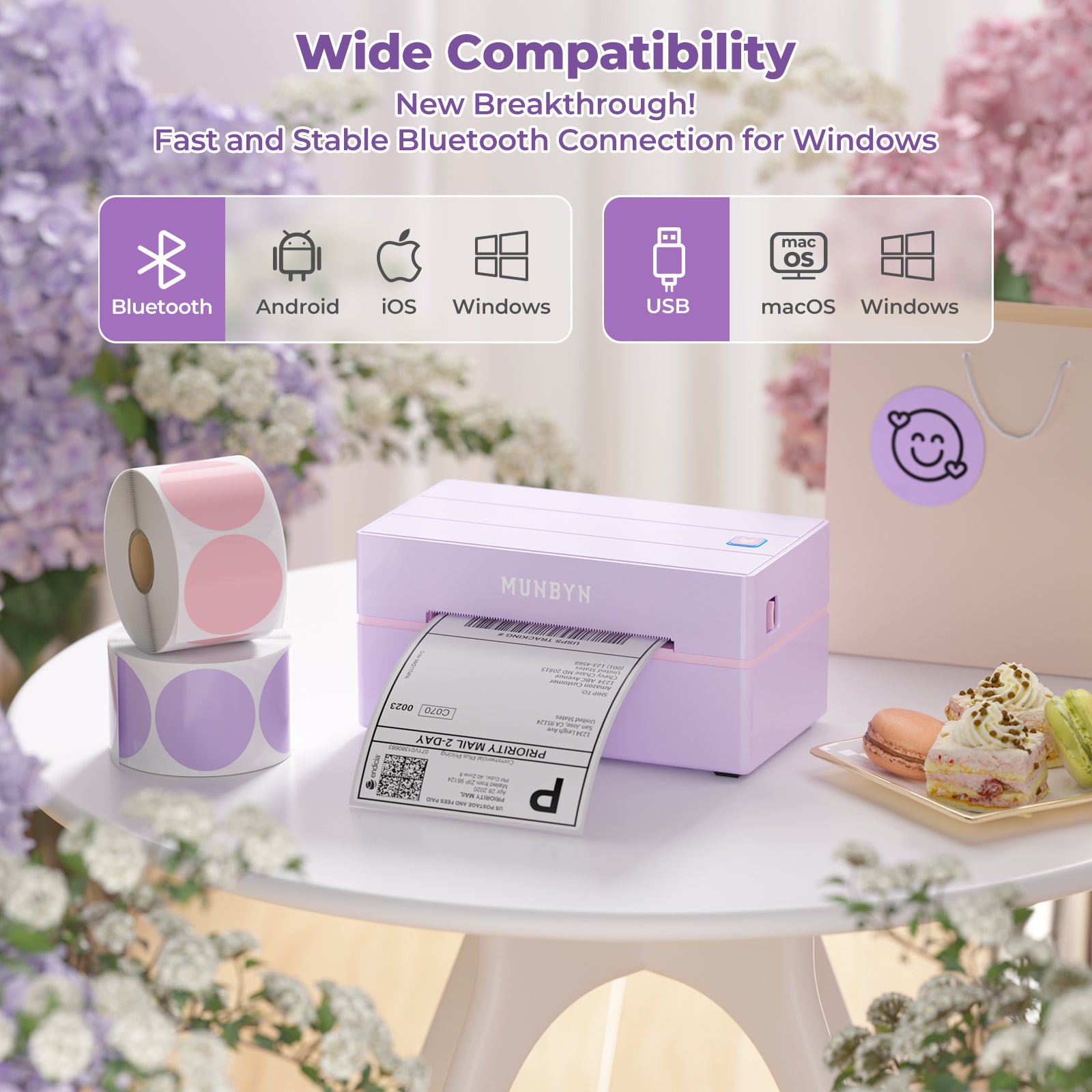 MUNBYN CA RealWriter 130B thermal label printer kit with compact design and multiple label rolls for efficient printing.
