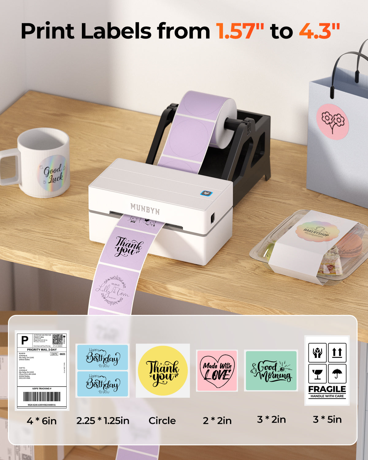 MUNBYN CA RealWriter 130B thermal label printer kit with white printer and labels, ready for shipping and labeling tasks.